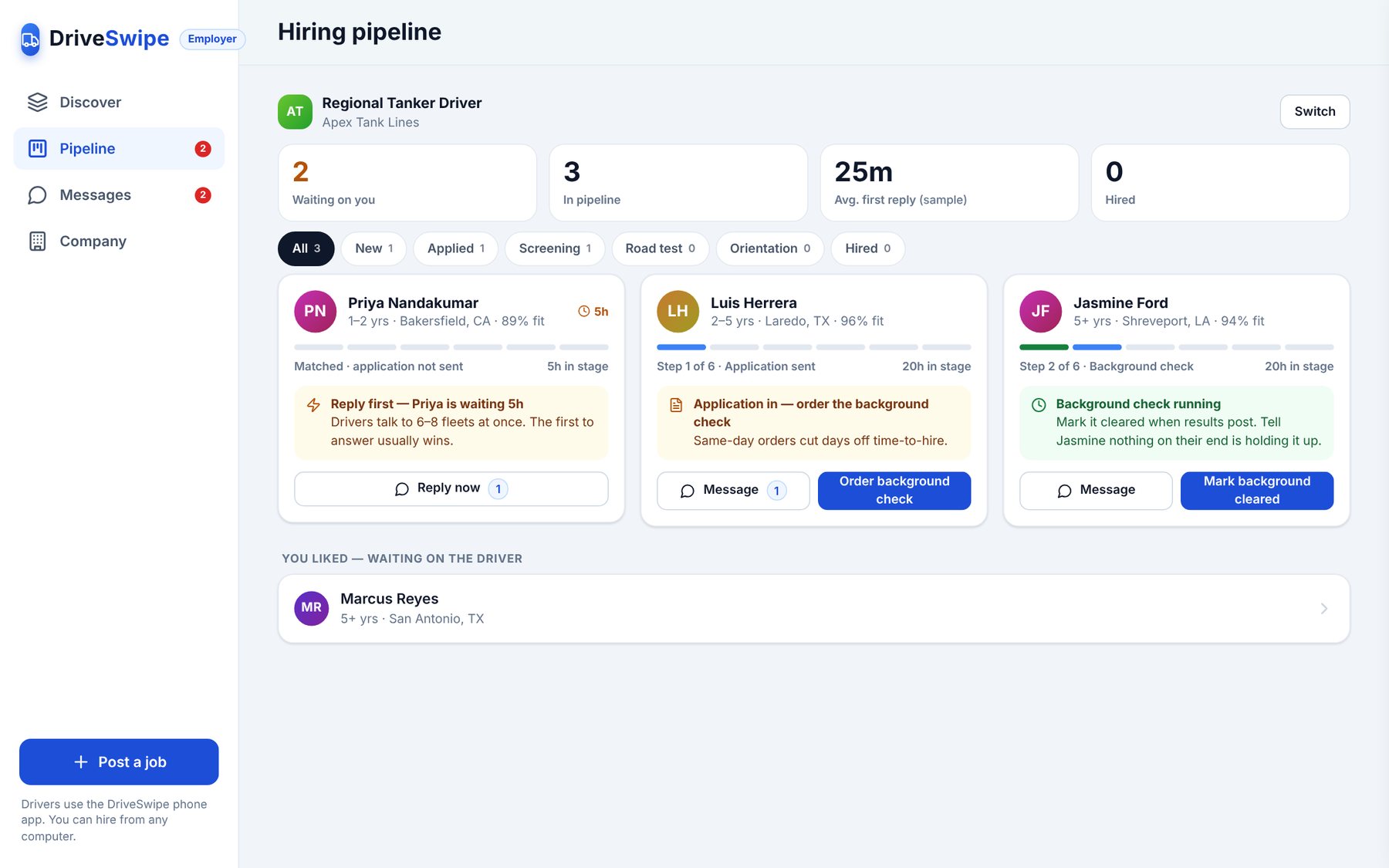 The DriveSwipe hiring pipeline on a computer, showing driver cards at each hiring stage